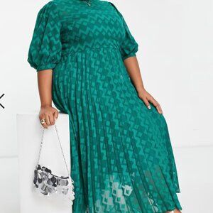 ASOS DESIGN Curve high neck pleated chevron textured midi dress with puff sleeve